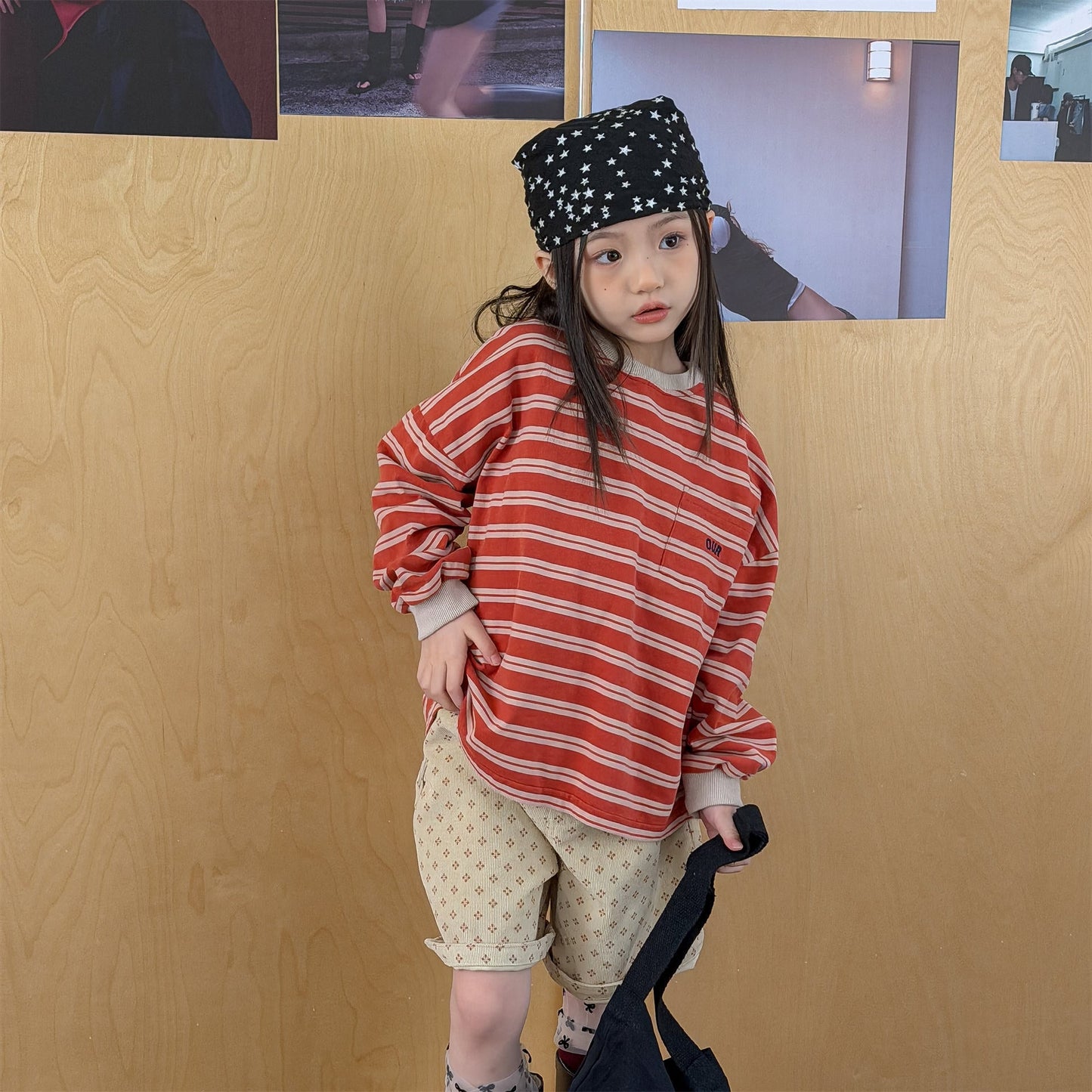Striped Long Sleeve Cotton T-shirt ボーダー柄 ポケット付き 長袖 Tシャツ【mh0012449】 ADbaby 長袖Tシャツ