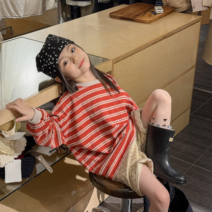Striped Long Sleeve Cotton T-shirt ボーダー柄 ポケット付き 長袖 Tシャツ【mh0012449】 ADbaby 長袖Tシャツ