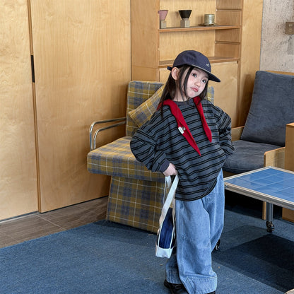 Striped Long Sleeve Cotton T-shirt ボーダー柄 ポケット付き 長袖 Tシャツ【mh0012449】 ADbaby 長袖Tシャツ