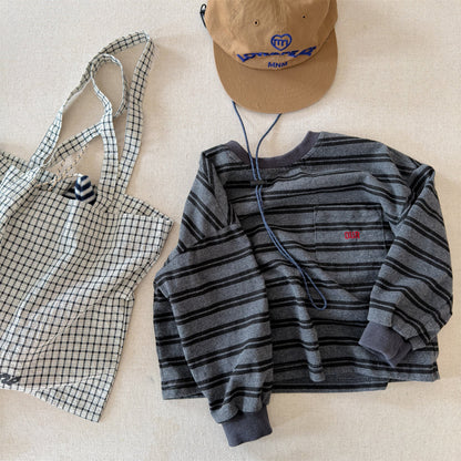 Striped Long Sleeve Cotton T-shirt ボーダー柄 ポケット付き 長袖 Tシャツ【mh0012449】 Dark Gray / 80cm ADbaby 長袖Tシャツ