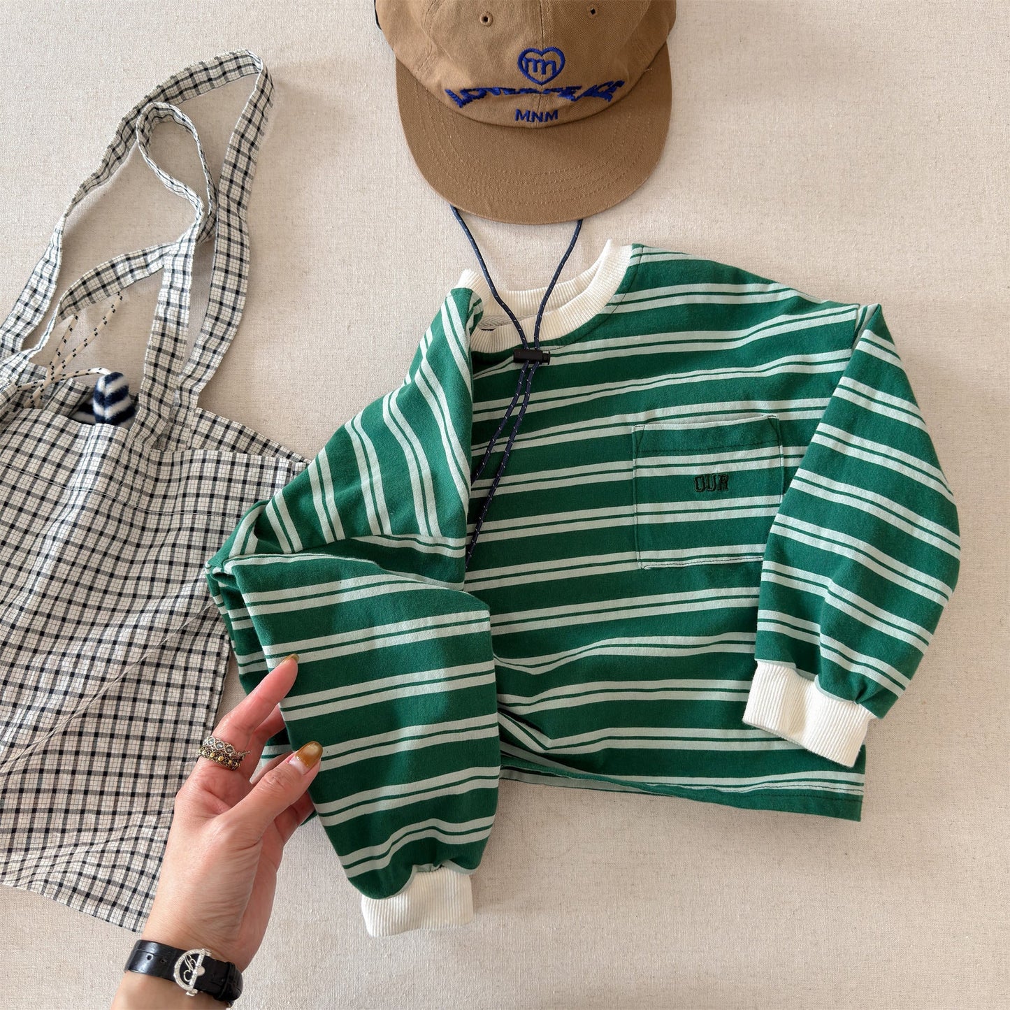 Striped Long Sleeve Cotton T-shirt ボーダー柄 ポケット付き 長袖 Tシャツ【mh0012449】 Green / 80cm ADbaby 長袖Tシャツ