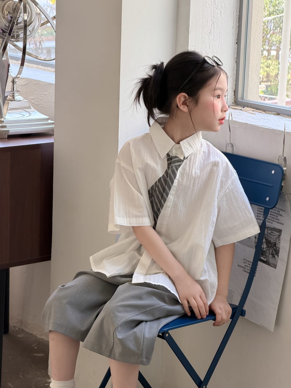 Striped Loose-Fit Top ネクタイデザイン 半袖シャツ【mh0013133】 KUMAI.KIDS 半袖シャツ・ブラウス
