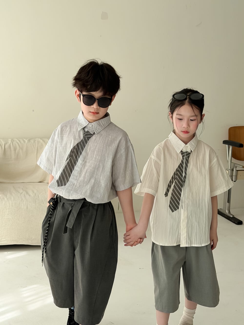 Striped Loose-Fit Top ネクタイデザイン 半袖シャツ【mh0013133】 KUMAI.KIDS 半袖シャツ・ブラウス