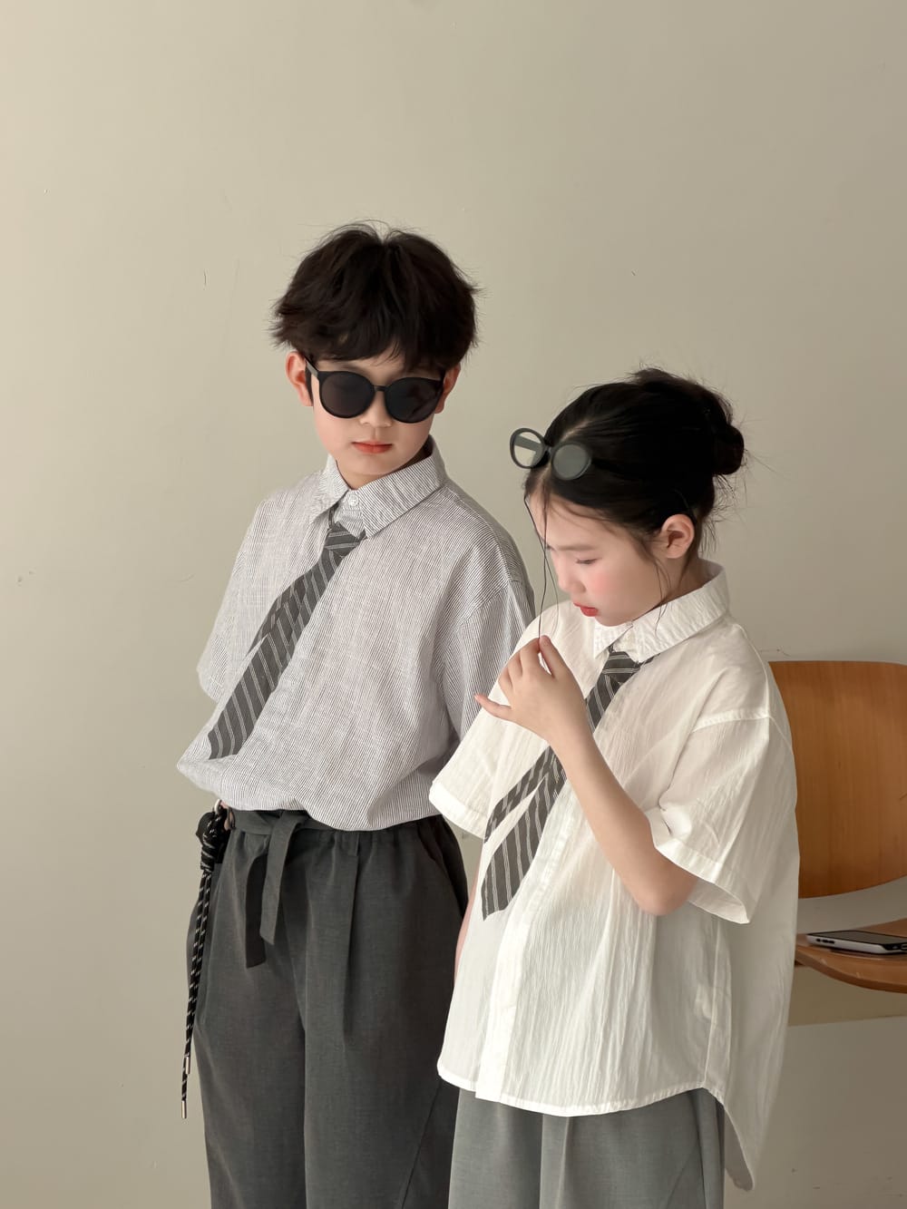 Striped Loose-Fit Top ネクタイデザイン 半袖シャツ【mh0013133】 KUMAI.KIDS 半袖シャツ・ブラウス