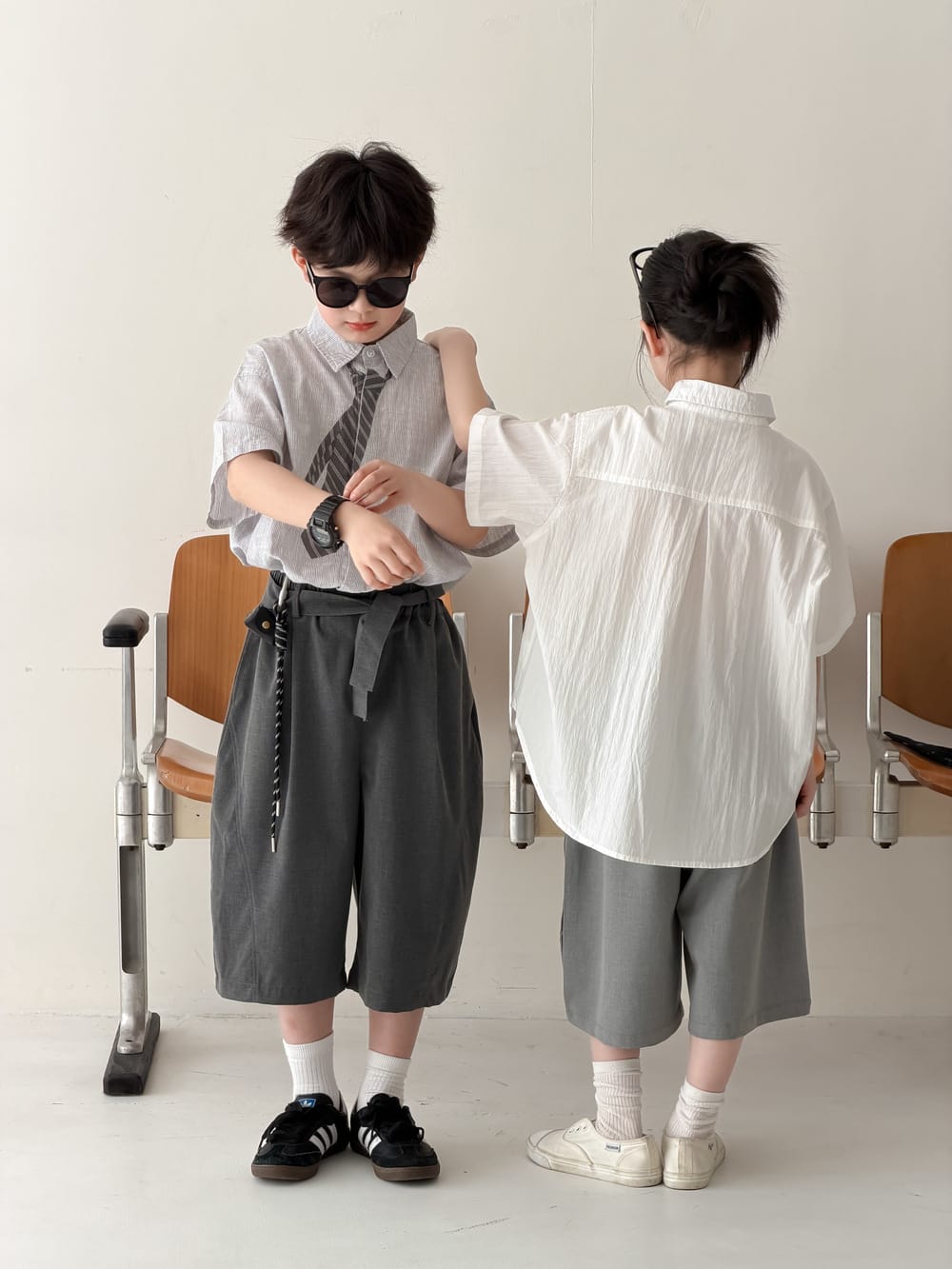 Striped Loose-Fit Top ネクタイデザイン 半袖シャツ【mh0013133】 KUMAI.KIDS 半袖シャツ・ブラウス