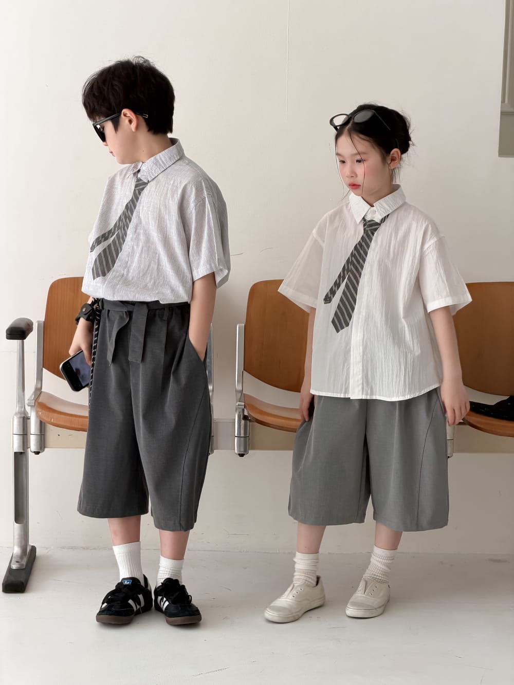 Striped Loose-Fit Top ネクタイデザイン 半袖シャツ【mh0013133】 KUMAI.KIDS 半袖シャツ・ブラウス