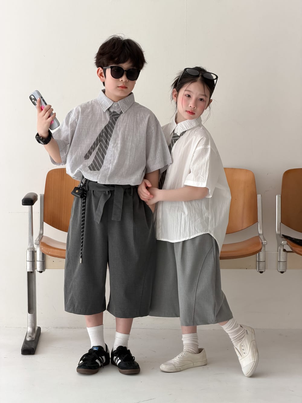 Striped Loose-Fit Top ネクタイデザイン 半袖シャツ【mh0013133】 KUMAI.KIDS 半袖シャツ・ブラウス