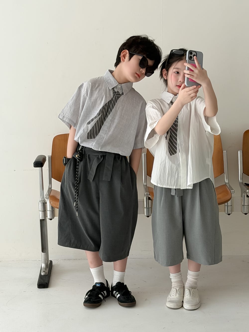 Striped Loose-Fit Top ネクタイデザイン 半袖シャツ【mh0013133】 KUMAI.KIDS 半袖シャツ・ブラウス