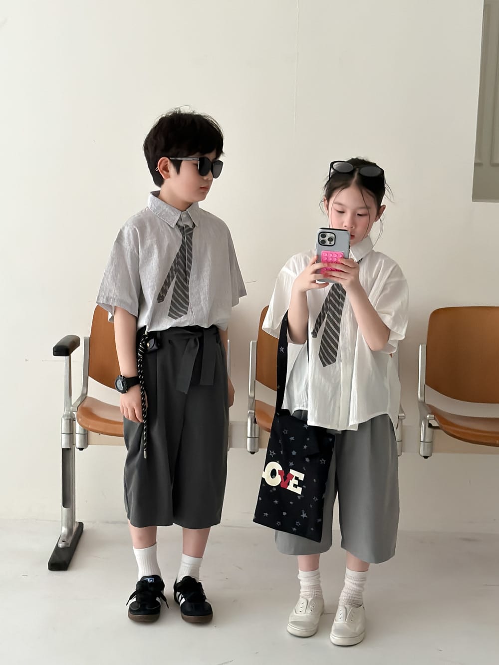 Striped Loose-Fit Top ネクタイデザイン 半袖シャツ【mh0013133】 KUMAI.KIDS 半袖シャツ・ブラウス