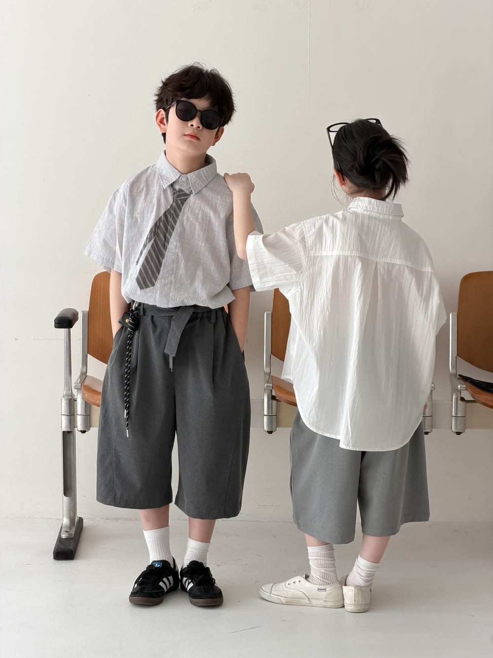 Striped Loose-Fit Top ネクタイデザイン 半袖シャツ【mh0013133】 KUMAI.KIDS 半袖シャツ・ブラウス
