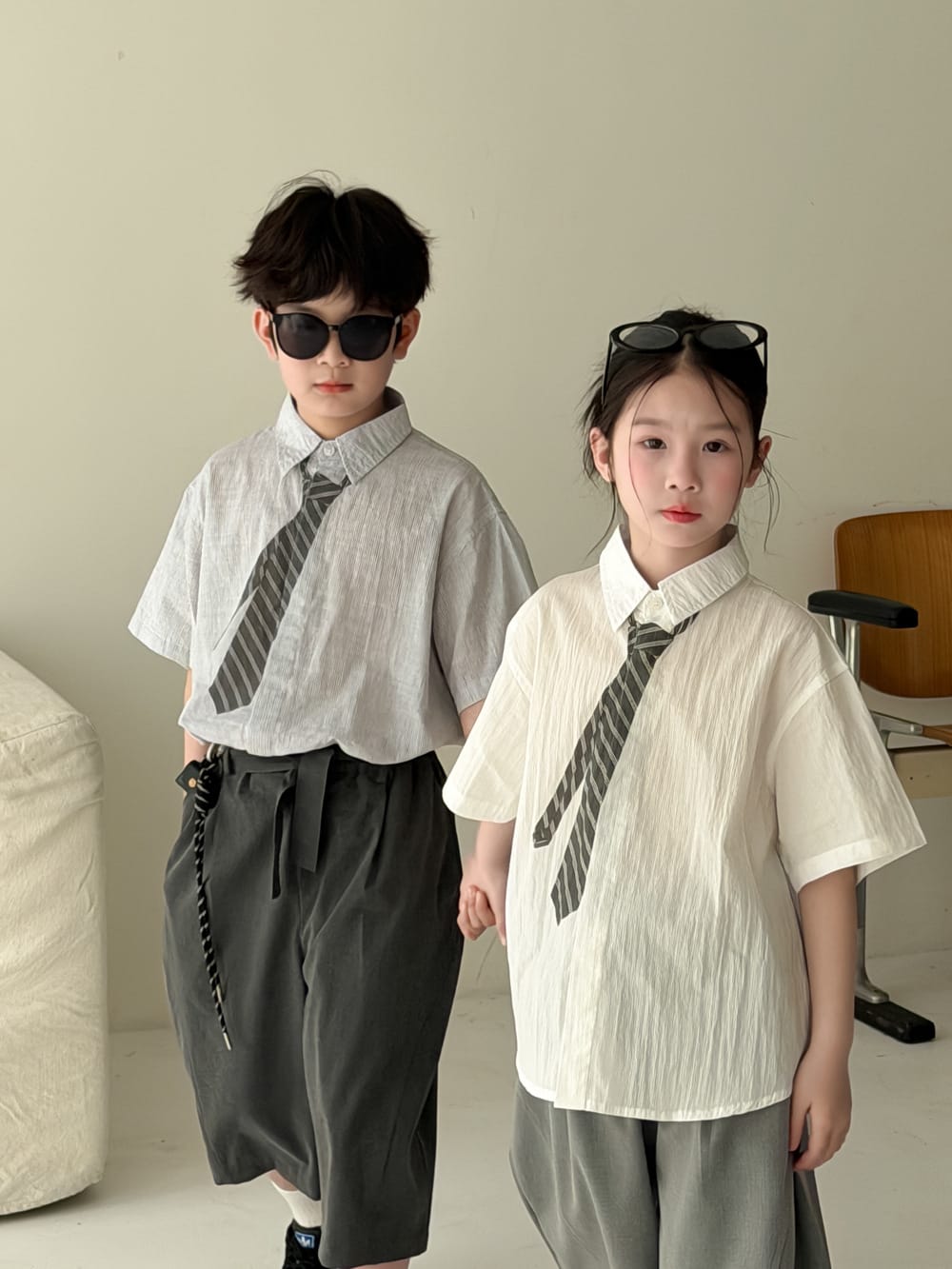 Striped Loose-Fit Top ネクタイデザイン 半袖シャツ【mh0013133】 KUMAI.KIDS 半袖シャツ・ブラウス