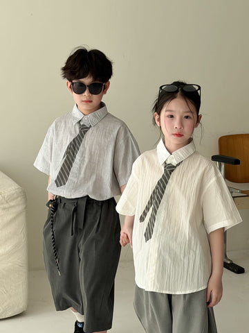 Striped Loose-Fit Top ネクタイデザイン 半袖シャツ【mh0013133】 KUMAI.KIDS 半袖シャツ・ブラウス