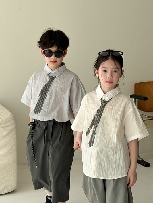 Striped Loose-Fit Top ネクタイデザイン 半袖シャツ【mh0013133】 KUMAI.KIDS 半袖シャツ・ブラウス