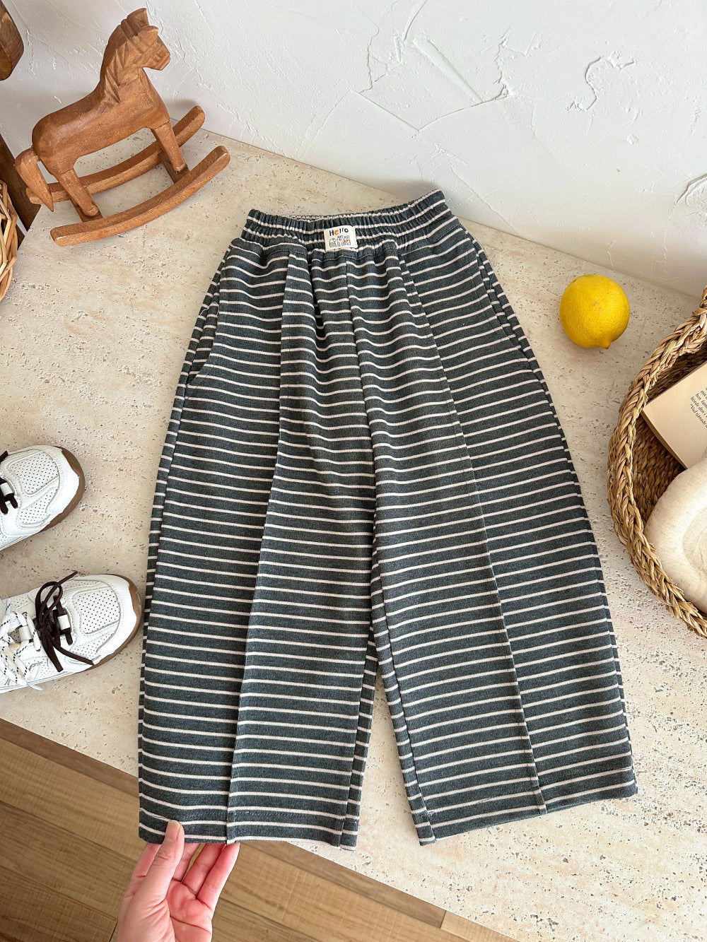 Striped Loose Straight Pants ボーダー ワイドパンツ【mh0012362】 Dark Gray / 100cm KUMAI.KIDS