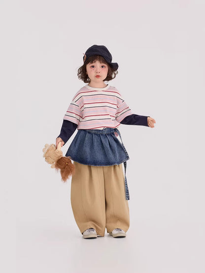 Striped Patchwork Crew Neck Top ストライプ パッチワーク 長袖Tシャツ【mh0012372】 90cm / Color mamahalo shop