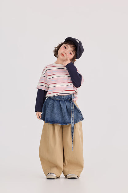 Striped Patchwork Crew Neck Top ストライプ パッチワーク 長袖Tシャツ【mh0012372】 HEY BOOBII