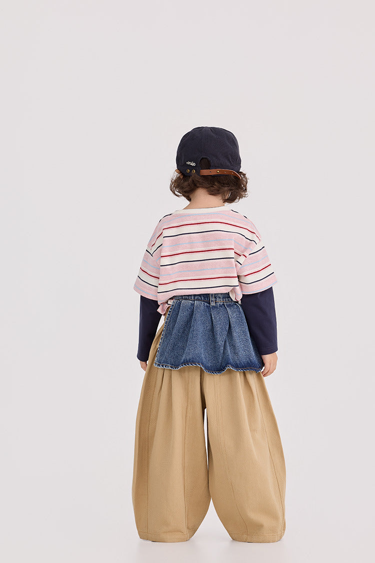 Striped Patchwork Crew Neck Top ストライプ パッチワーク 長袖Tシャツ【mh0012372】 HEY BOOBII
