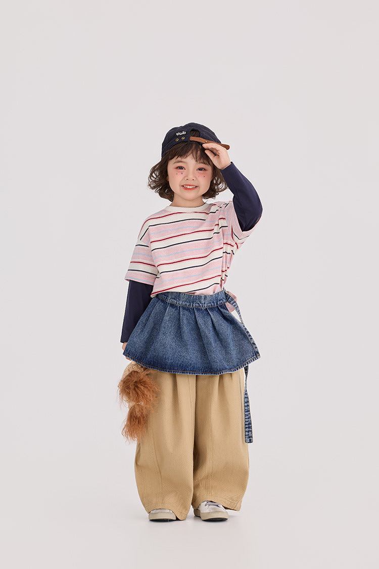 Striped Patchwork Crew Neck Top ストライプ パッチワーク 長袖Tシャツ【mh0012372】 HEY BOOBII