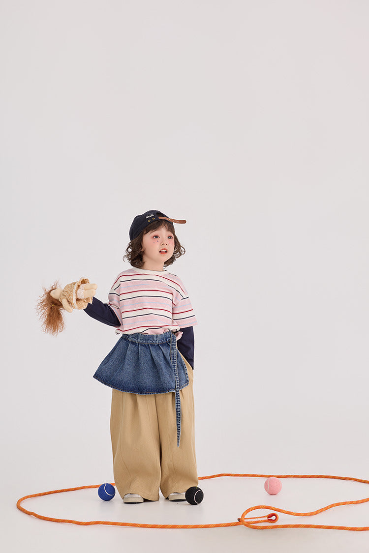 Striped Patchwork Crew Neck Top ストライプ パッチワーク 長袖Tシャツ【mh0012372】 HEY BOOBII
