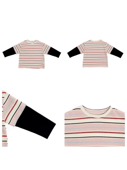 Striped Patchwork Crew Neck Top ストライプ パッチワーク 長袖Tシャツ【mh0012372】 mamahalo shop