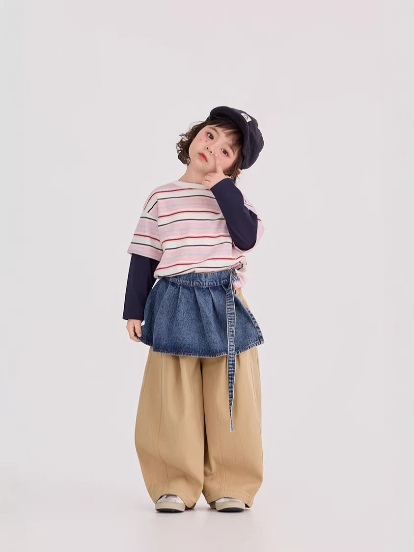 Striped Patchwork Crew Neck Top ストライプ パッチワーク 長袖Tシャツ【mh0012372】 mamahalo shop