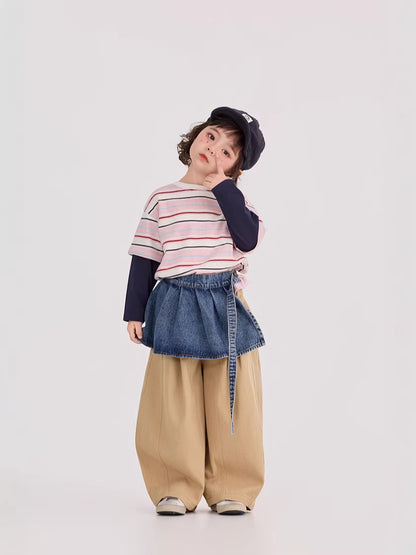 Striped Patchwork Crew Neck Top ストライプ パッチワーク 長袖Tシャツ【mh0012372】 mamahalo shop