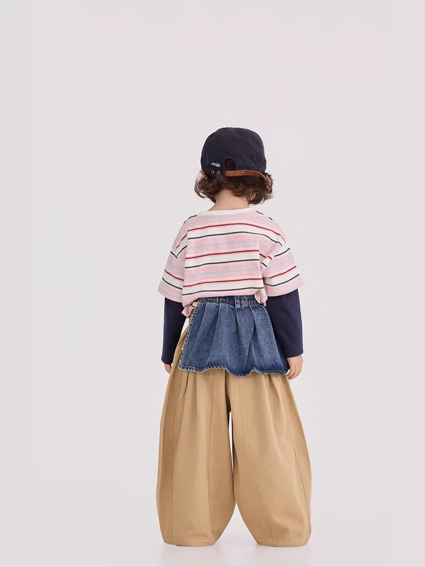 Striped Patchwork Crew Neck Top ストライプ パッチワーク 長袖Tシャツ【mh0012372】 mamahalo shop
