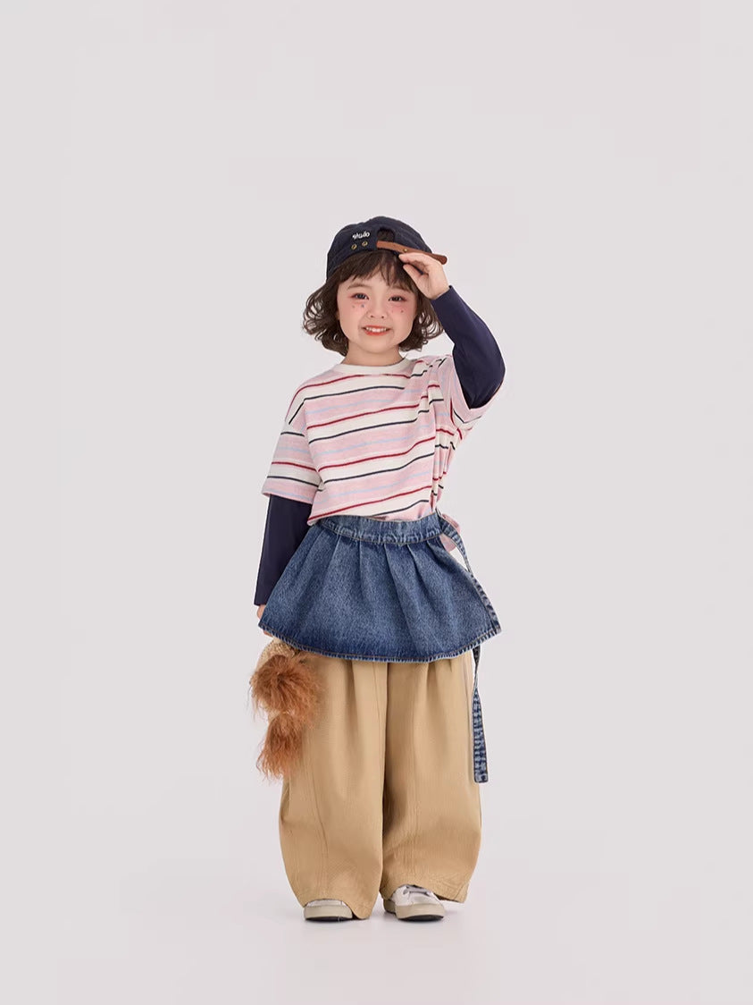 Striped Patchwork Crew Neck Top ストライプ パッチワーク 長袖Tシャツ【mh0012372】 mamahalo shop