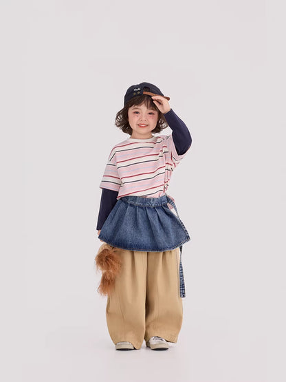 Striped Patchwork Crew Neck Top ストライプ パッチワーク 長袖Tシャツ【mh0012372】 mamahalo shop