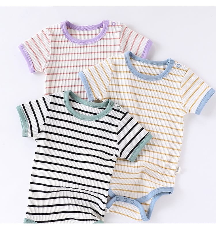 Striped Ribbed Cotton Romper マルチボーダー 半袖ノースリーブロンパース【mh0013597】 Beitaoya 半袖ロンパース