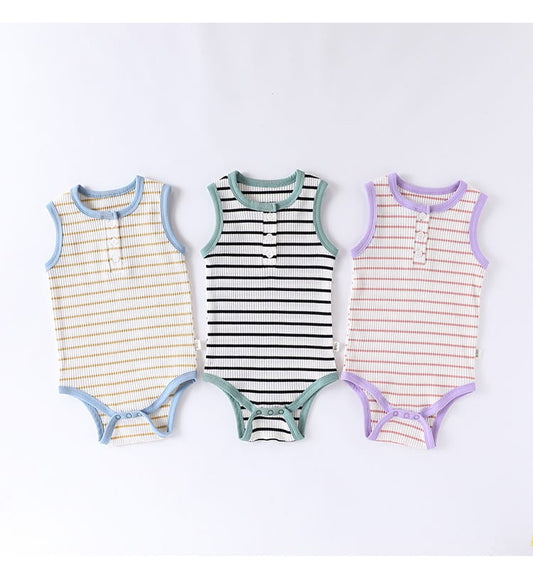 Striped Ribbed Cotton Romper マルチボーダー 半袖ノースリーブロンパース【mh0013597】 Beitaoya 半袖ロンパース