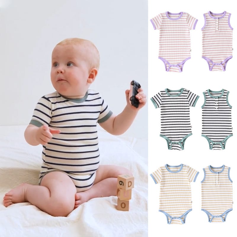 Striped Ribbed Cotton Romper マルチボーダー 半袖ノースリーブロンパース【mh0013597】 Beitaoya 半袖ロンパース
