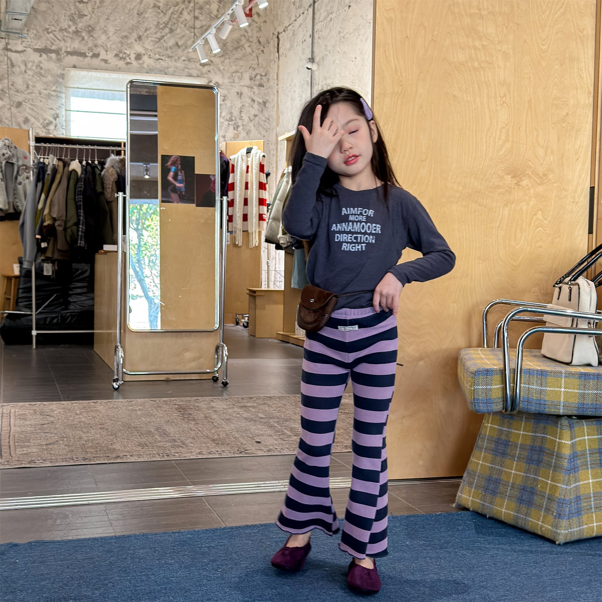 Striped Ribbed Flared Leggings ボーダー リブ フレア レギンス【mh0012436】 ADbaby レギンスパンツ