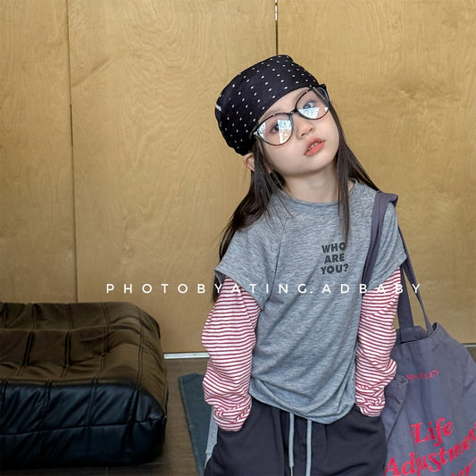 Striped Sleeve Layered Top ボーダー袖 レイヤード 長袖 Tシャツ【mh0012474】 ADbaby 長袖Tシャツ