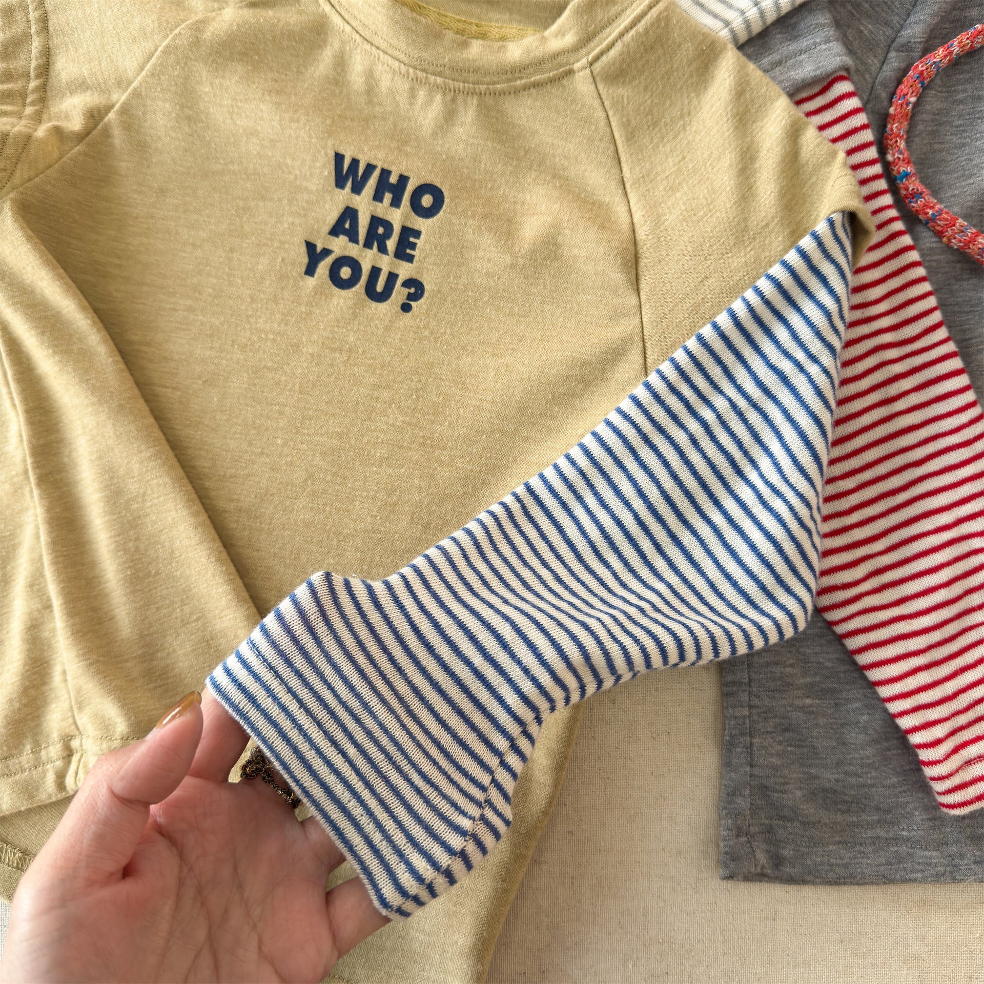 Striped Sleeve Layered Top ボーダー袖 レイヤード 長袖 Tシャツ【mh0012474】 ADbaby 長袖Tシャツ