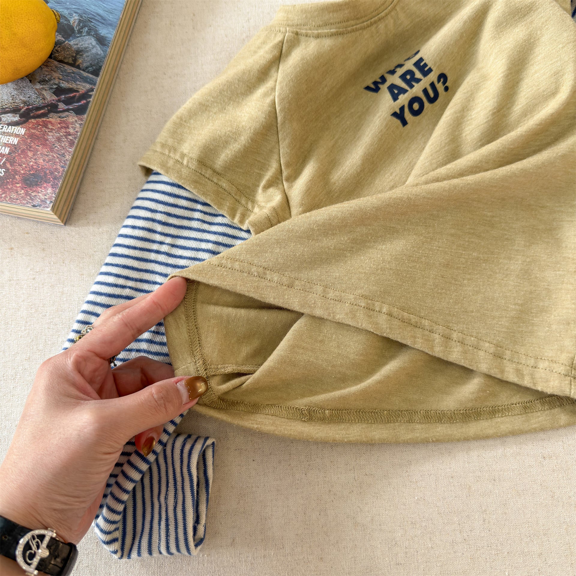 Striped Sleeve Layered Top ボーダー袖 レイヤード 長袖 Tシャツ【mh0012474】 ADbaby 長袖Tシャツ