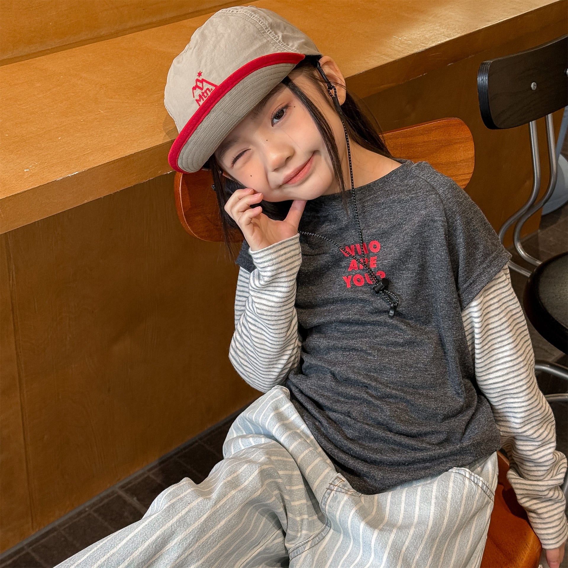 Striped Sleeve Layered Top ボーダー袖 レイヤード 長袖 Tシャツ【mh0012474】 ADbaby 長袖Tシャツ