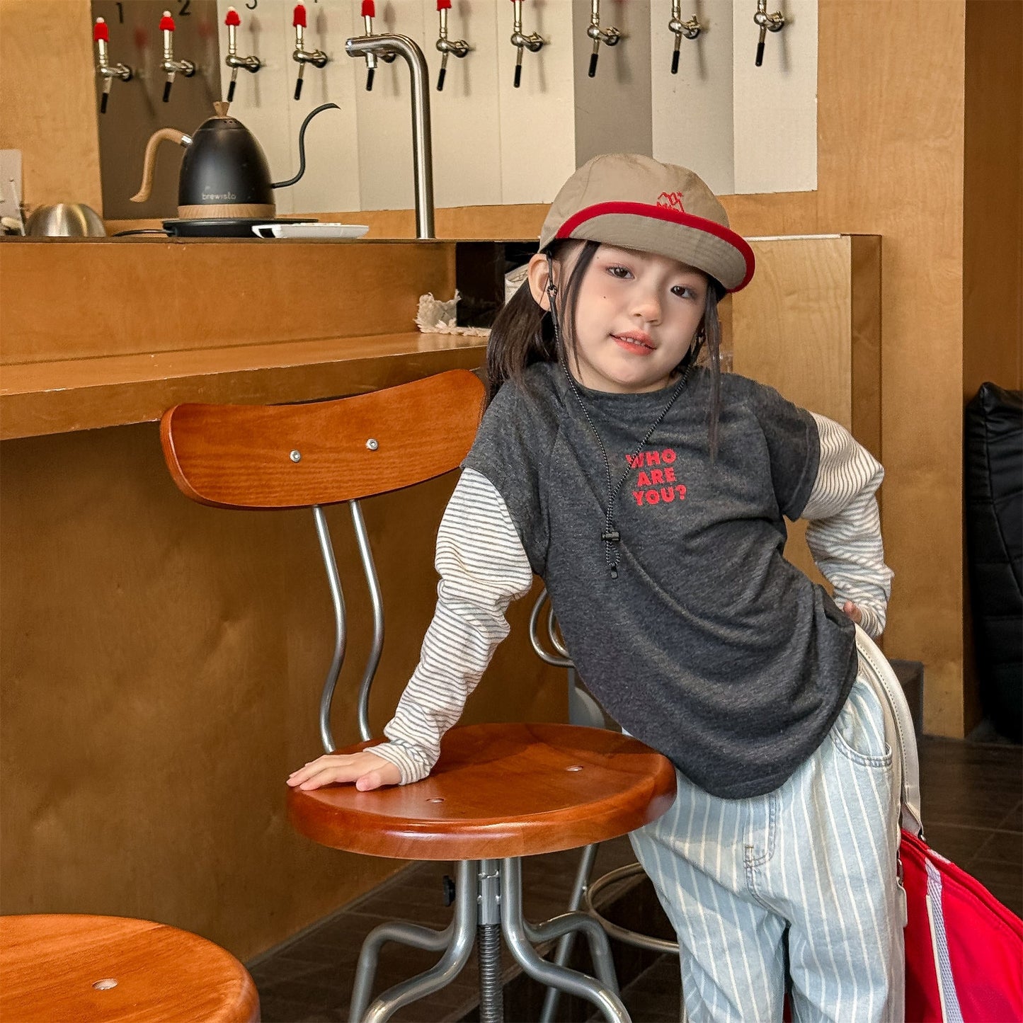 Striped Sleeve Layered Top ボーダー袖 レイヤード 長袖 Tシャツ【mh0012474】 ADbaby 長袖Tシャツ