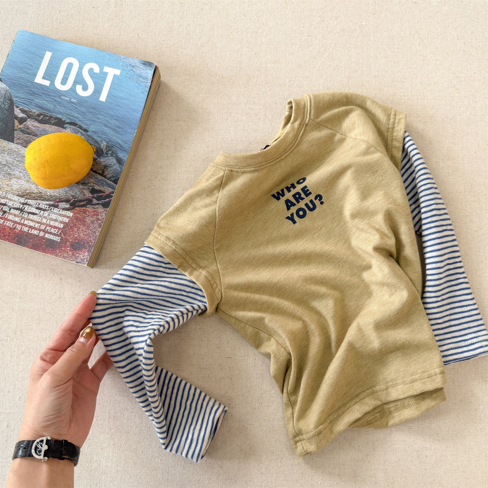 Striped Sleeve Layered Top ボーダー袖 レイヤード 長袖 Tシャツ【mh0012474】 Yellow / 80cm ADbaby 長袖Tシャツ