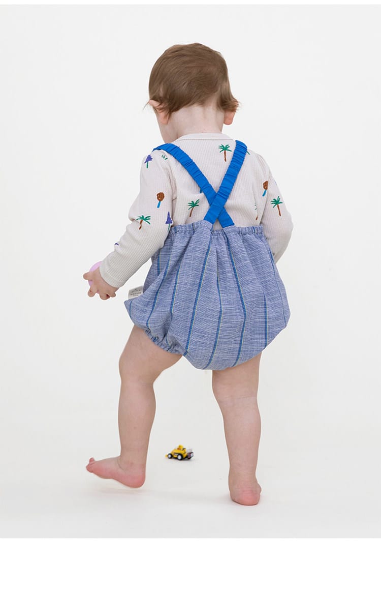 Striped Slub Cotton Suspenders Romper ノースリーブ サロペットロンパース【mh0013098】 RICE & SKY ノースリーブロンパース
