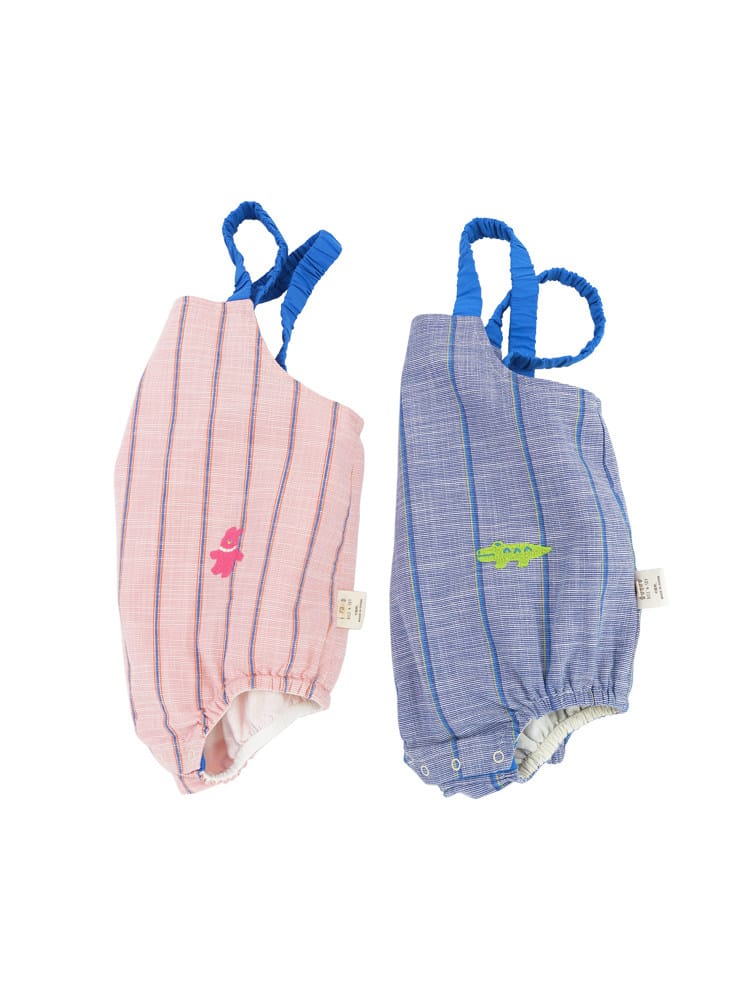 Striped Slub Cotton Suspenders Romper ノースリーブ サロペットロンパース【mh0013098】 RICE & SKY ノースリーブロンパース