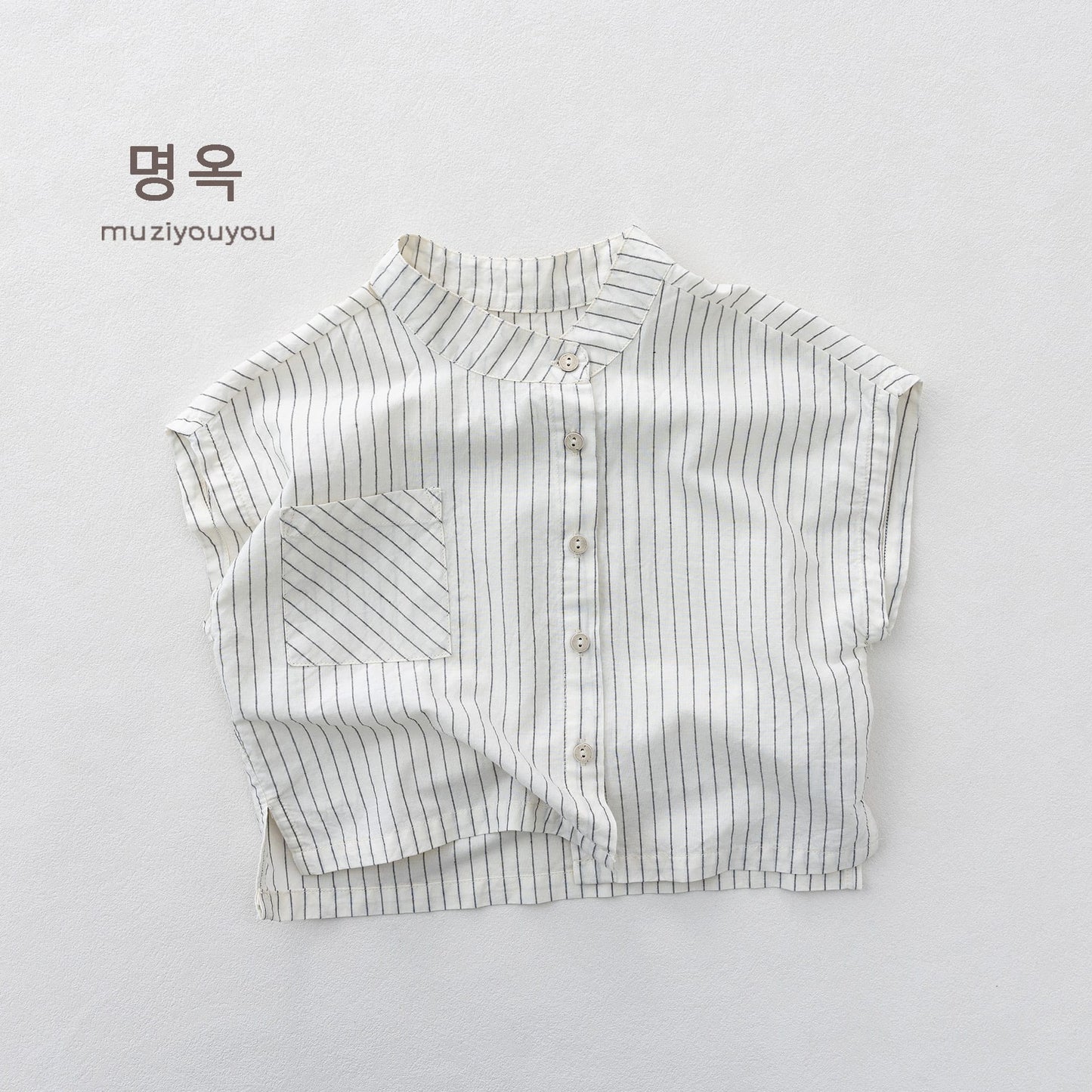Striped Stand Collar Sleeveless Shirt ストライプ フレンチスリーブブラウス【mh0013153】 Beige / 80cm 명옥 muziyouyou タンクトップ・キャミソール・ノースリーブトップス