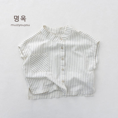 Striped Stand Collar Sleeveless Shirt ストライプ フレンチスリーブブラウス【mh0013153】 Beige / 80cm 명옥 muziyouyou タンクトップ・キャミソール・ノースリーブトップス