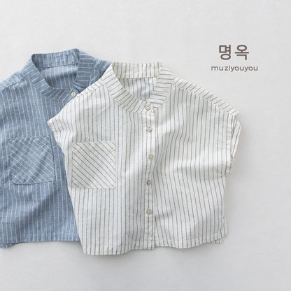 Striped Stand Collar Sleeveless Shirt ストライプ フレンチスリーブブラウス【mh0013153】 명옥 muziyouyou タンクトップ・キャミソール・ノースリーブトップス