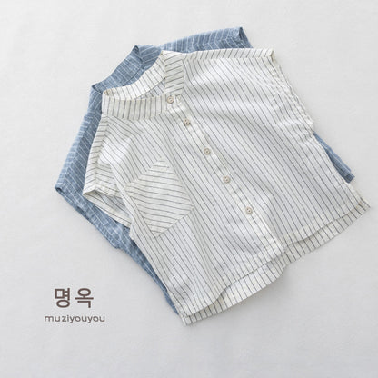 Striped Stand Collar Sleeveless Shirt ストライプ フレンチスリーブブラウス【mh0013153】 명옥 muziyouyou タンクトップ・キャミソール・ノースリーブトップス