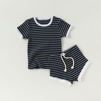 Striped T-Shirt + Shorts Set ボーダー柄トップス+パンツ セット【mh0012346】 73CM / Dark blue stripes mamahalo shop
