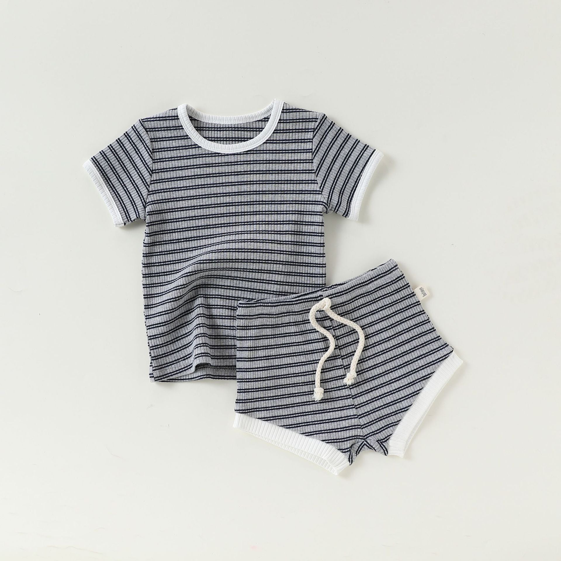 Striped T-Shirt + Shorts Set ボーダー柄トップス+パンツ セット【mh0012346】 73CM / Dark gray stripes mamahalo shop