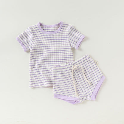 Striped T-Shirt + Shorts Set ボーダー柄トップス+パンツ セット【mh0012346】 73CM / Purple and white stripes mamahalo shop