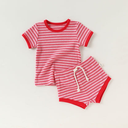 Striped T-Shirt + Shorts Set ボーダー柄トップス+パンツ セット【mh0012346】 73CM / Red powder stripe mamahalo shop