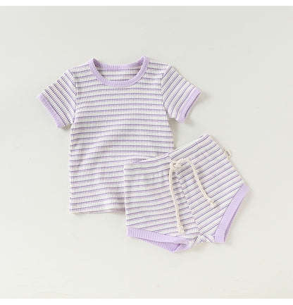 Striped T-Shirt + Shorts Set ボーダー柄トップス+パンツ セット【mh0012346】 Beitaoya